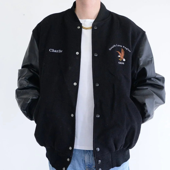 VTG Holloway Black Embroidered S Line Eagles  Leather & Wool Varsity Bomber Coat - Picture 1 of 13